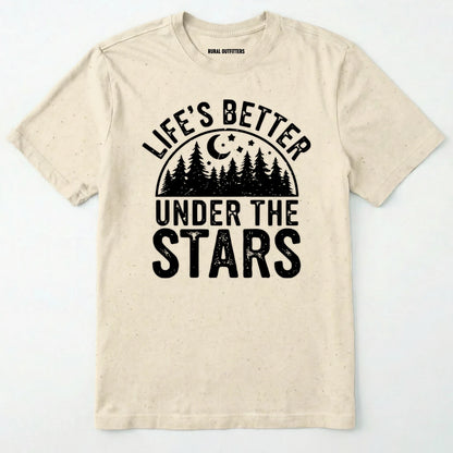 Natural life's better under the stars t-shirt with forest and moon graphic on a white background.