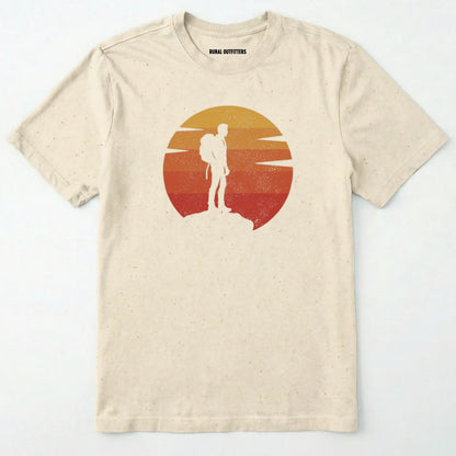 Natural retro sunset t-shirt with hiker silhouette on a white background.