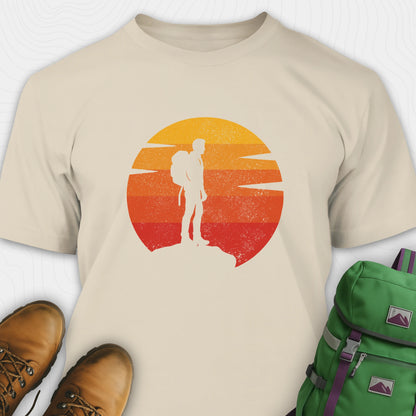 Sand retro sunset t-shirt with hiker silhouette