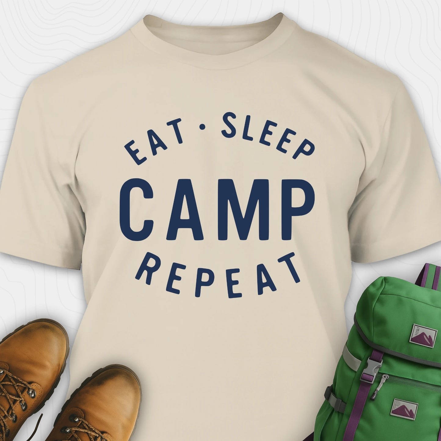 Sand eat sleep camp repeat t-shirt with bold text