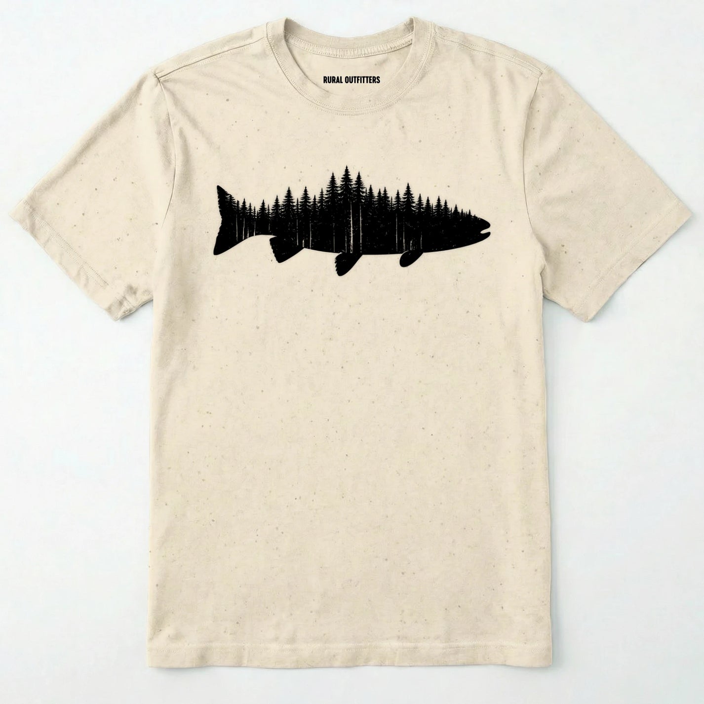 Natural t-shirt with a black fish and forest graphic on a white background