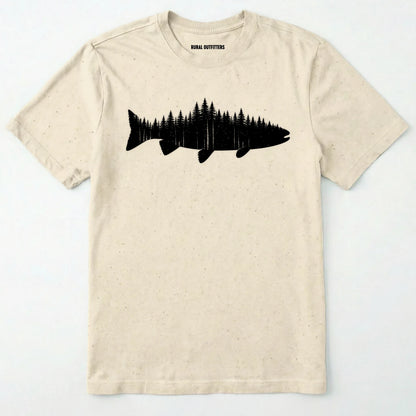 Natural t-shirt with a black fish and forest graphic on a white background