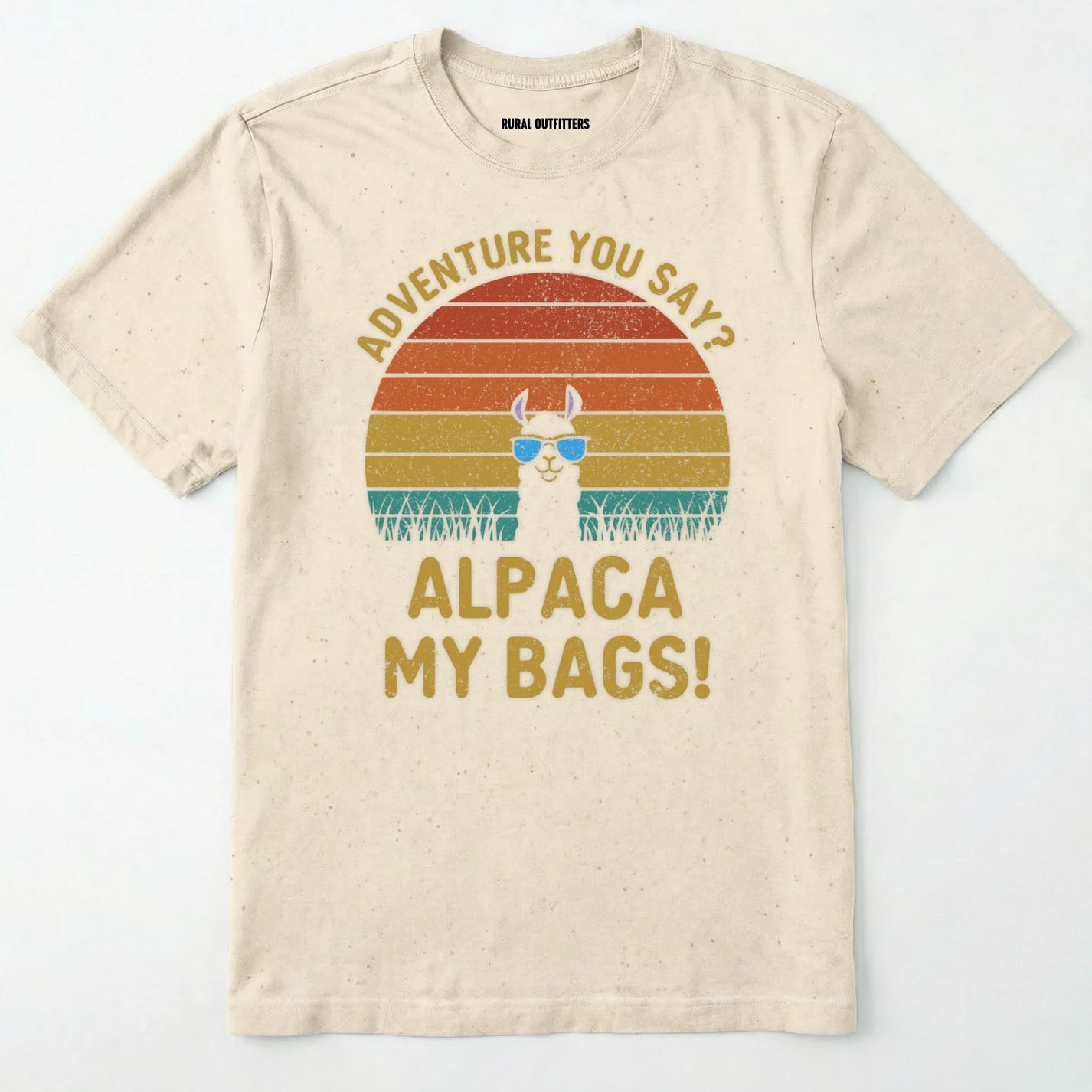 Natural alpaca my bags shirt with retro sunset and llama graphic on a white background.