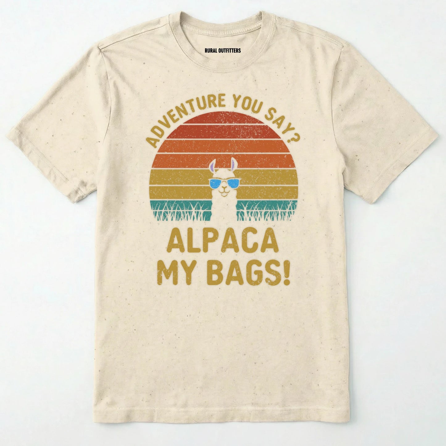 Natural alpaca my bags shirt with retro sunset and llama graphic on a white background.