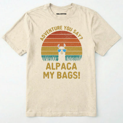 Natural alpaca my bags shirt with retro sunset and llama graphic on a white background.