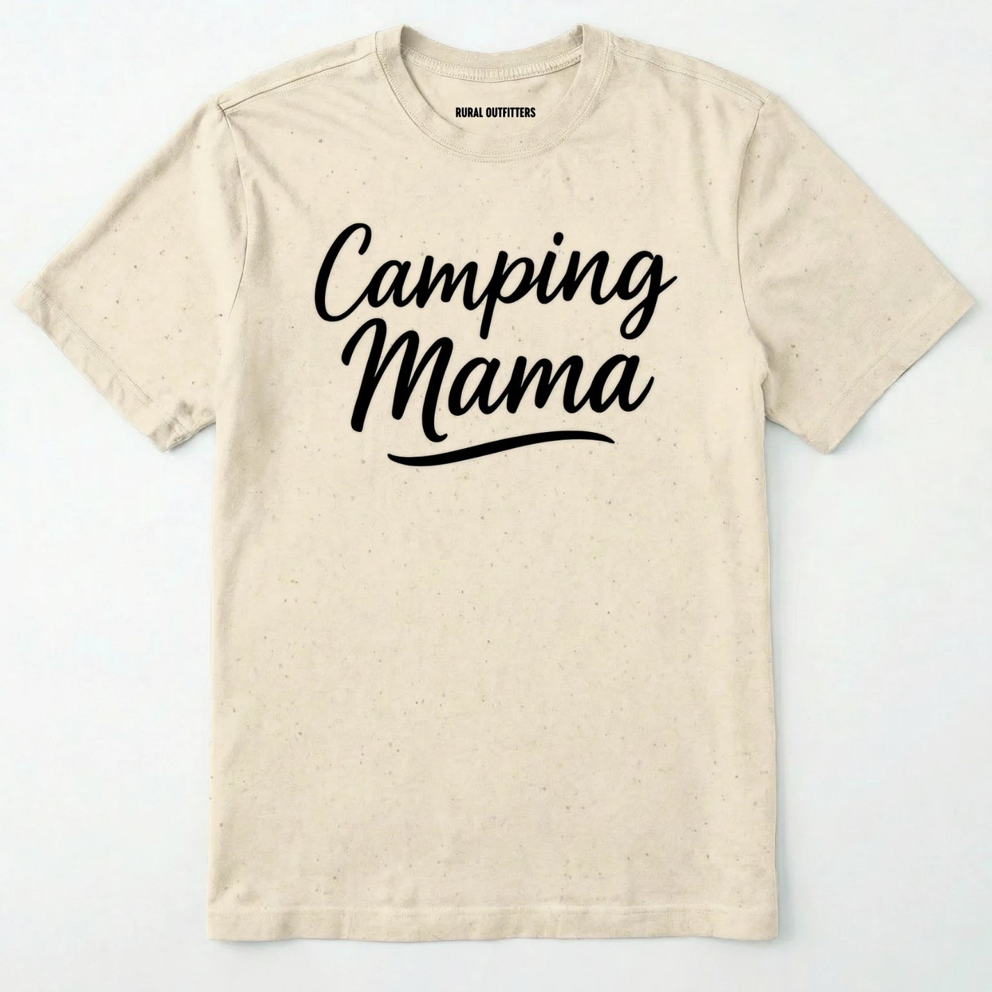 Natural camping mama shirt with script design on a white background.