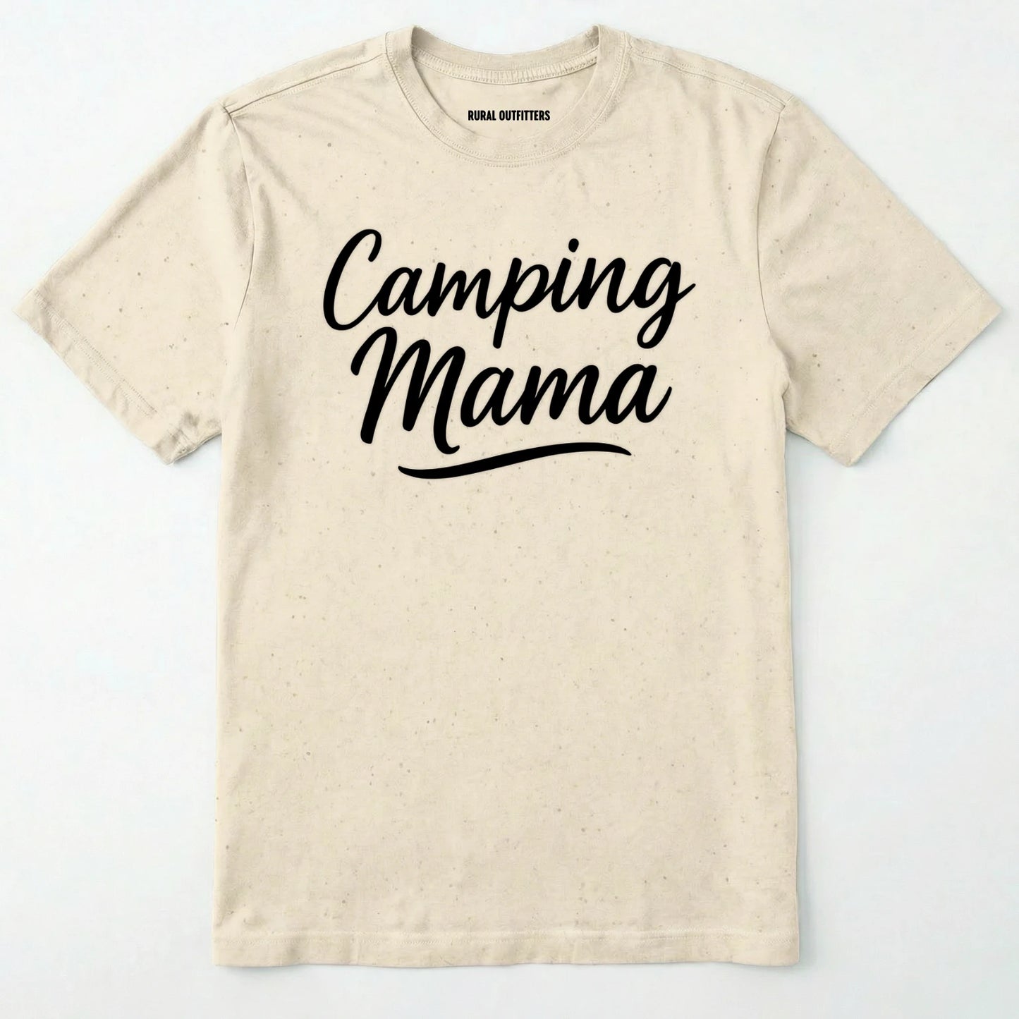 Natural camping mama shirt with script design on a white background.