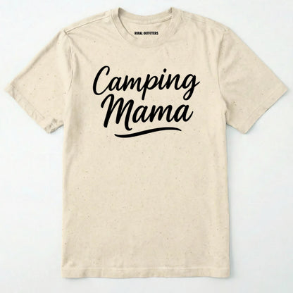 Natural camping mama shirt with script design on a white background.