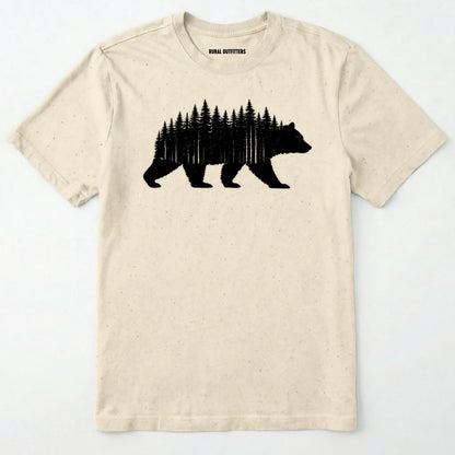 Natural t-shirt with a bear and forest graphic on a white background