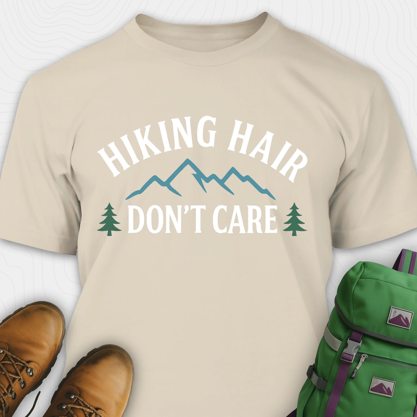 Sand hike shirt with mountain silhouette and pine trees