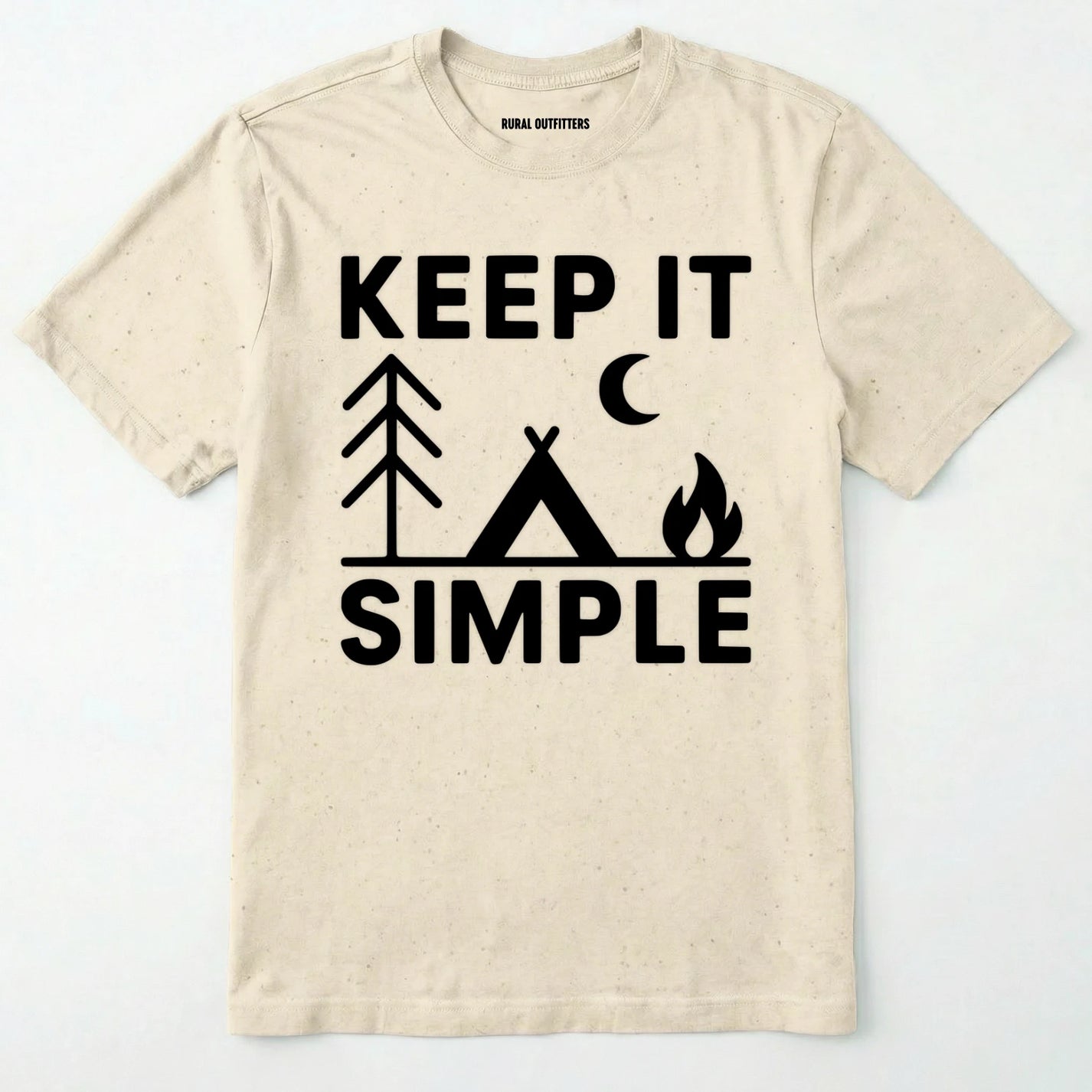 Natural keep it simple camping t-shirt with tent and campfire graphic on a white background