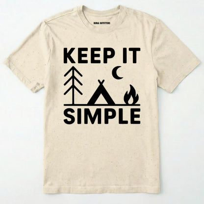 Natural keep it simple camping t-shirt with tent and campfire graphic on a white background