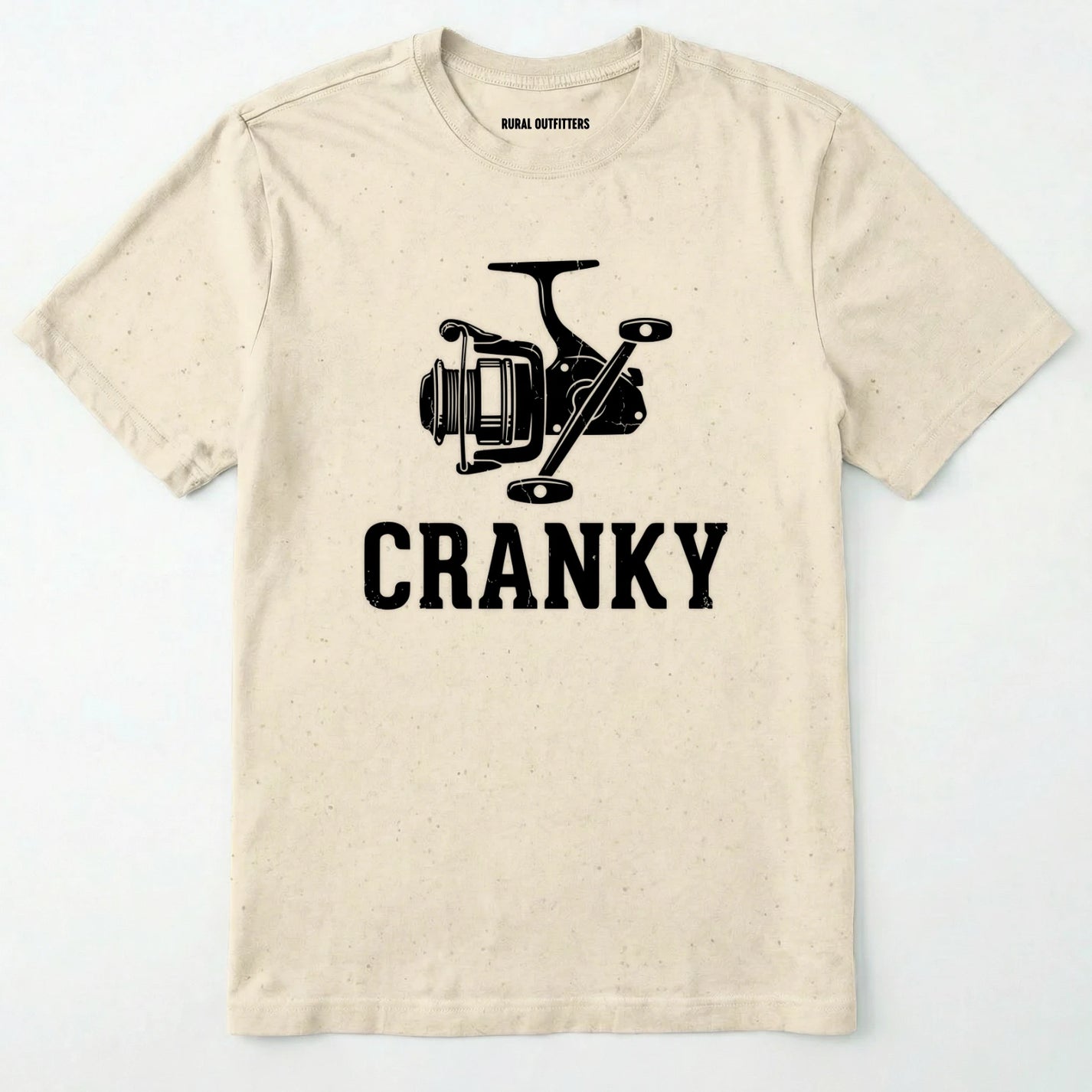 Natural t-shirt with fishing reel graphic and 'cranky' text on a white background