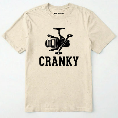 Natural t-shirt with fishing reel graphic and 'cranky' text on a white background