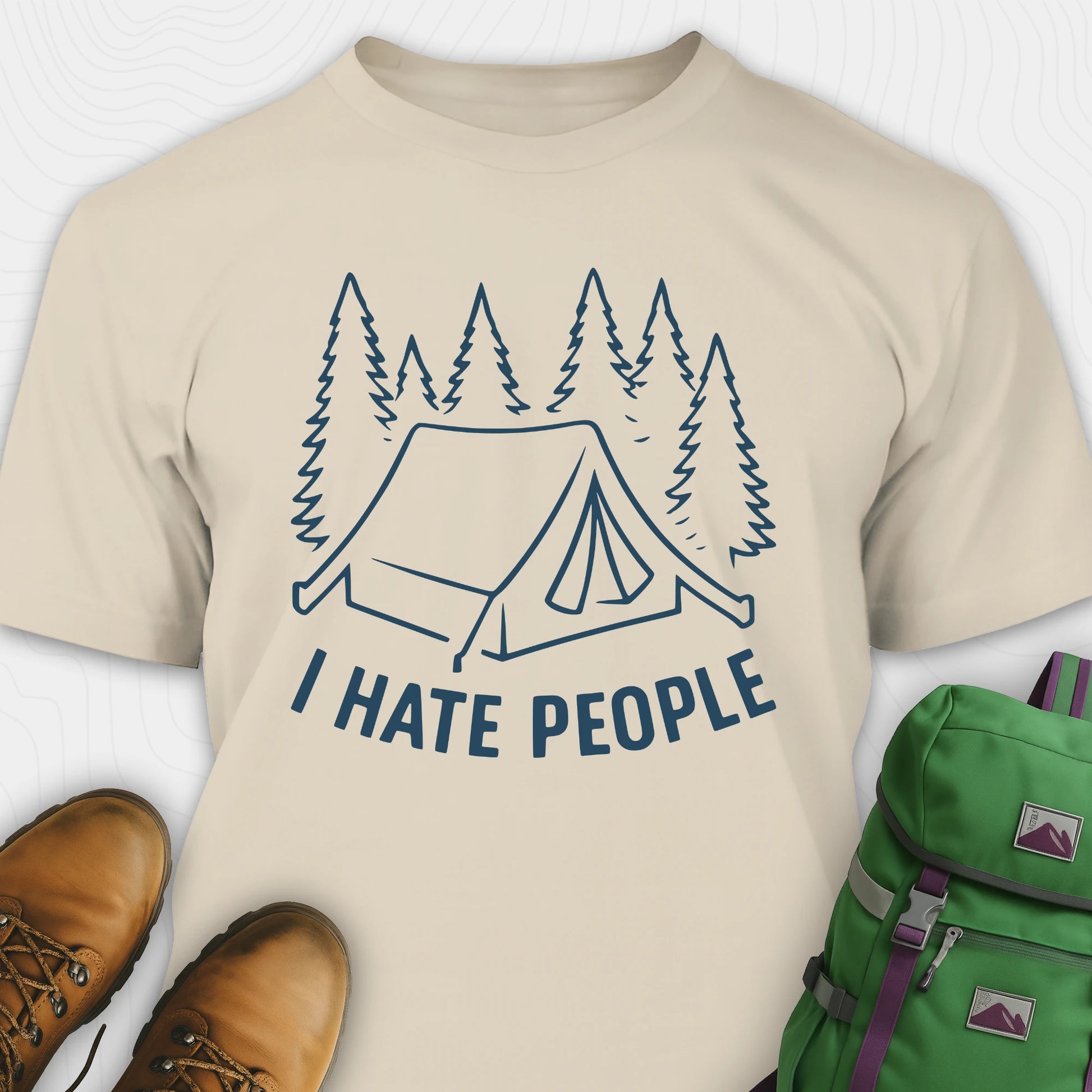 Sand I hate everybody t-shirt with tent and pine tree graphic