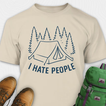 Sand I hate everybody t-shirt with tent and pine tree graphic