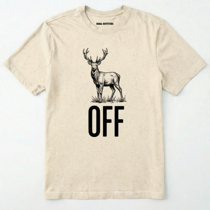 Natural t-shirt with a deer graphic and 'off' text on a white background