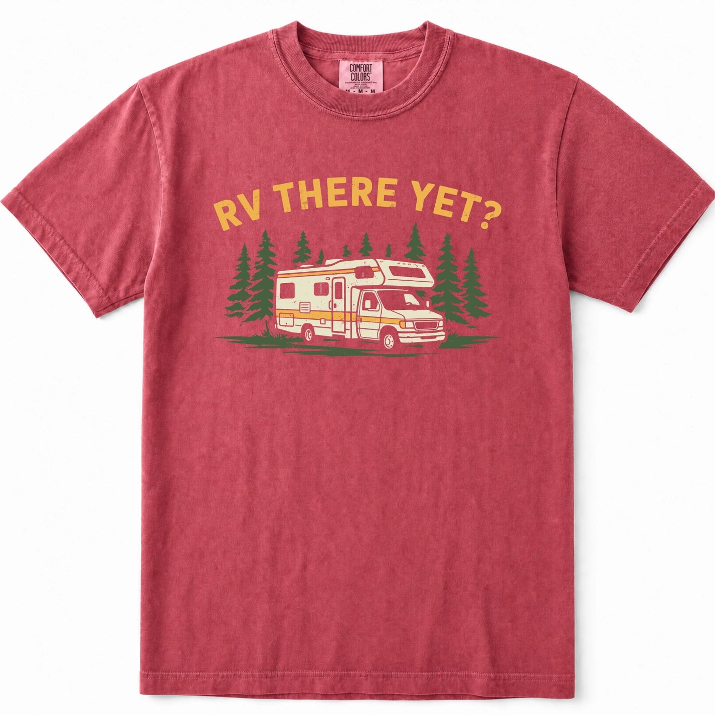 Crimson short-sleeve crewneck t-shirt in a washed, heathered red color, featuring a graphic print of a retro camper van surrounded by pine trees and the text 'RV THERE YET?' in yellow.