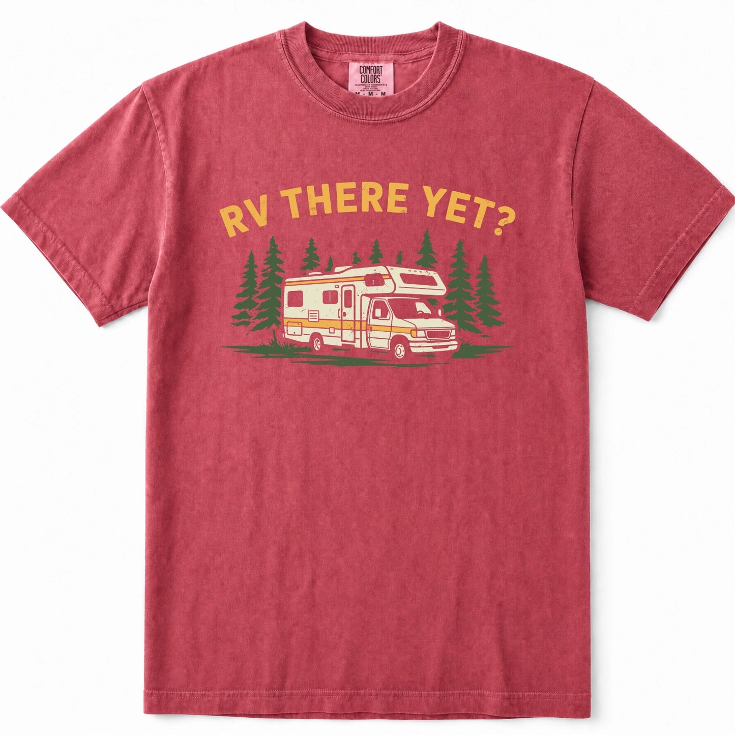 Crimson short-sleeve crewneck t-shirt in a washed, heathered red color, featuring a graphic print of a retro camper van surrounded by pine trees and the text 'RV THERE YET?' in yellow.