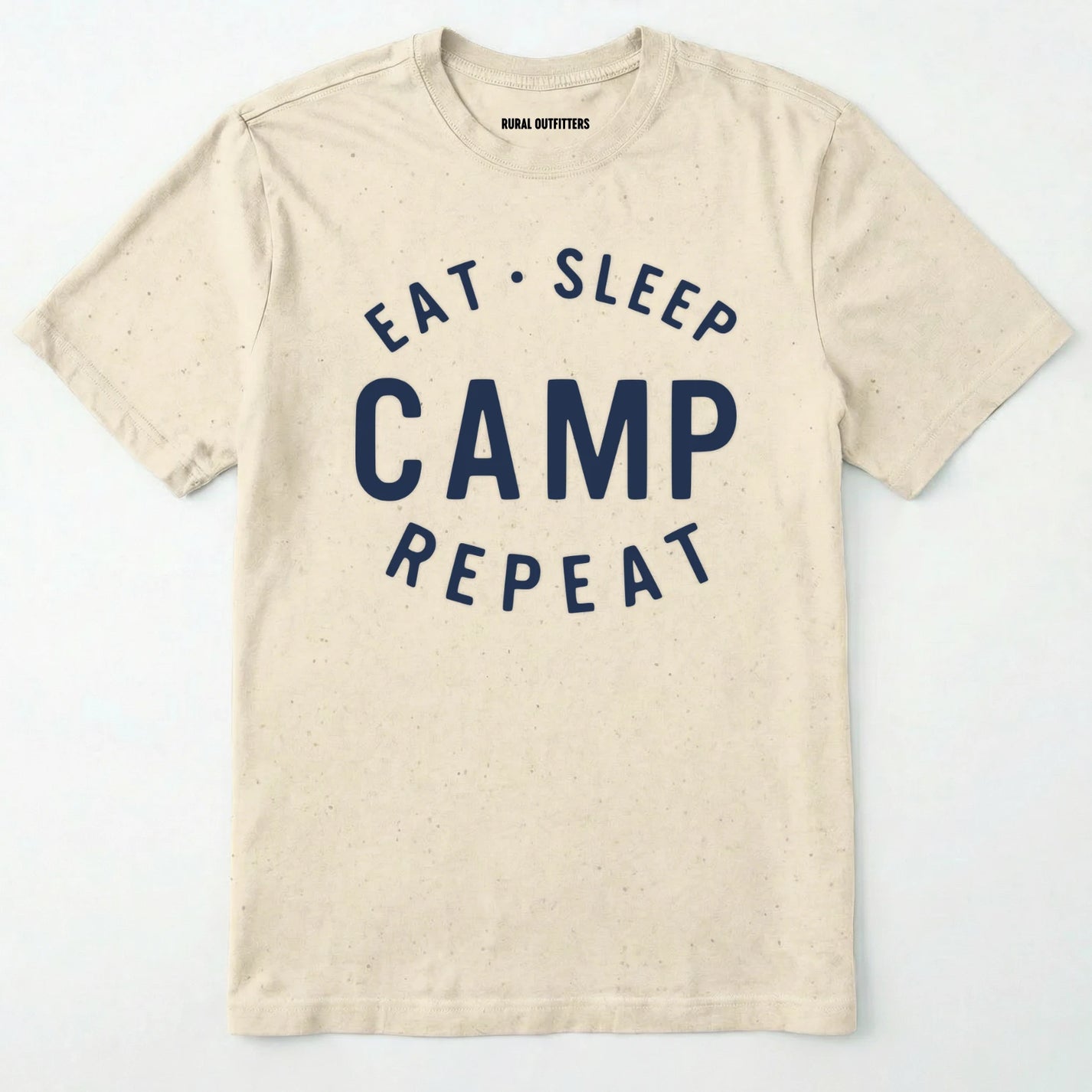 Natural eat sleep camp repeat t-shirt with bold text on a white background.