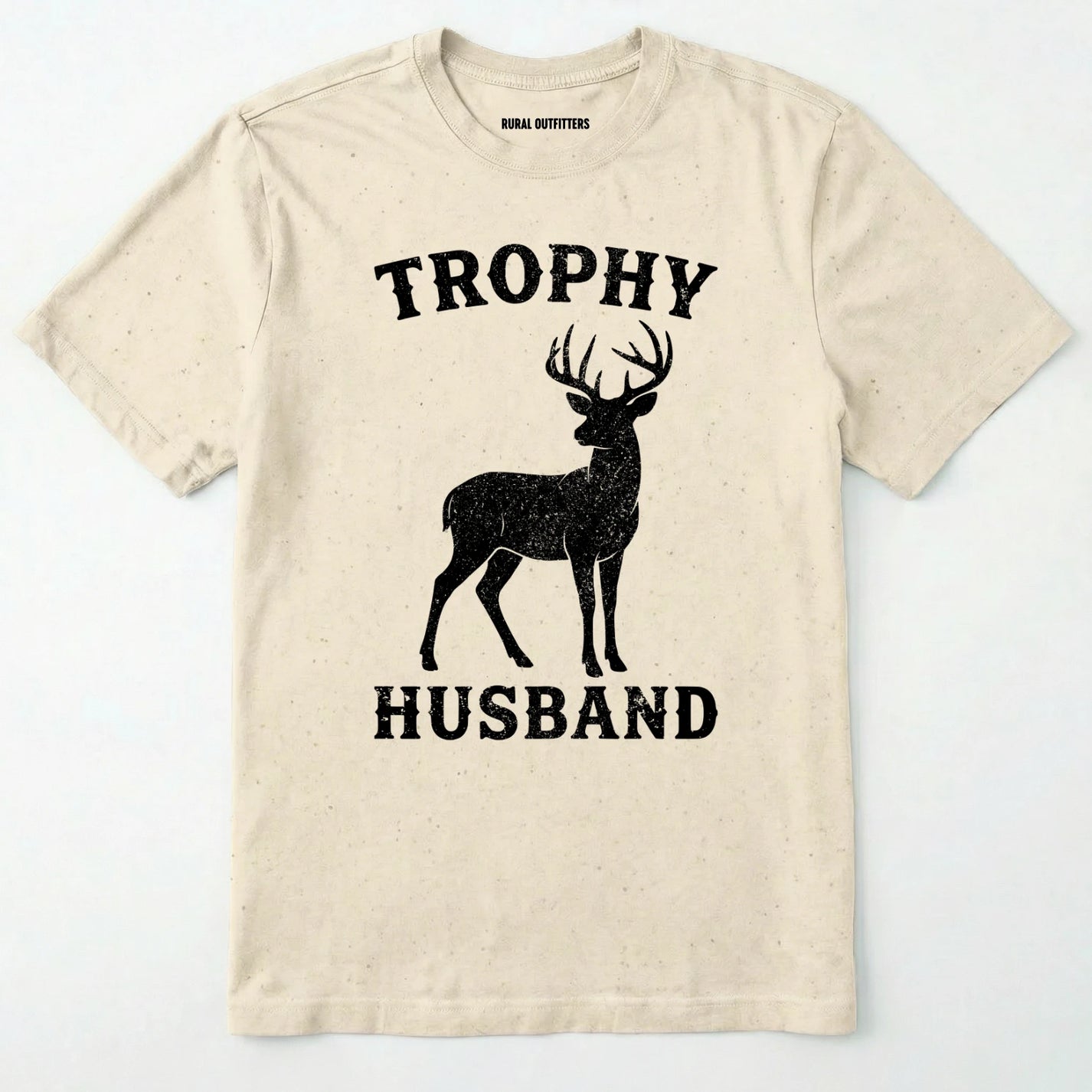 Natural t-shirt with a black deer graphic and 'trophy husband' text on a white background
