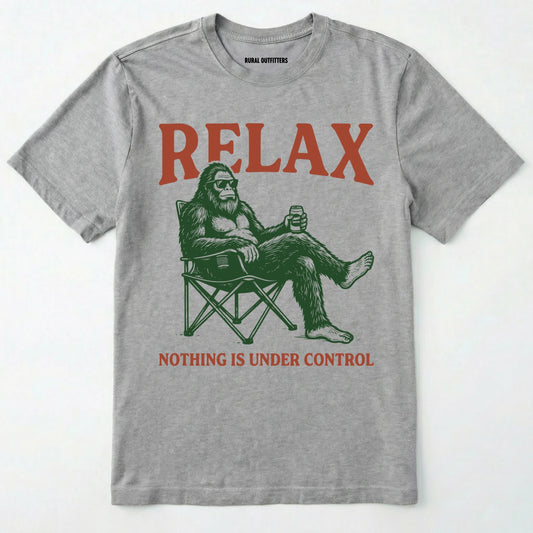 Sport Grey Relax Nothing is Under Control t-shirt with a graphic of a relaxed bigfoot drinking beer on a white background.