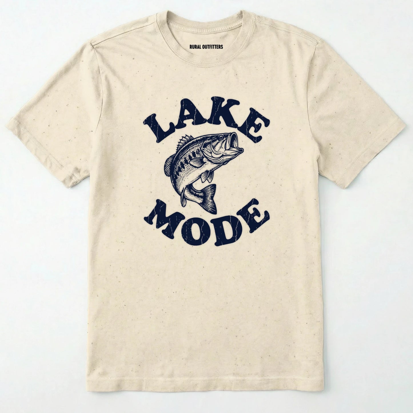 Natural fishing t-shirt with 'lake mode' text and fish graphic on a white background