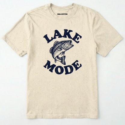 Natural fishing t-shirt with 'lake mode' text and fish graphic on a white background