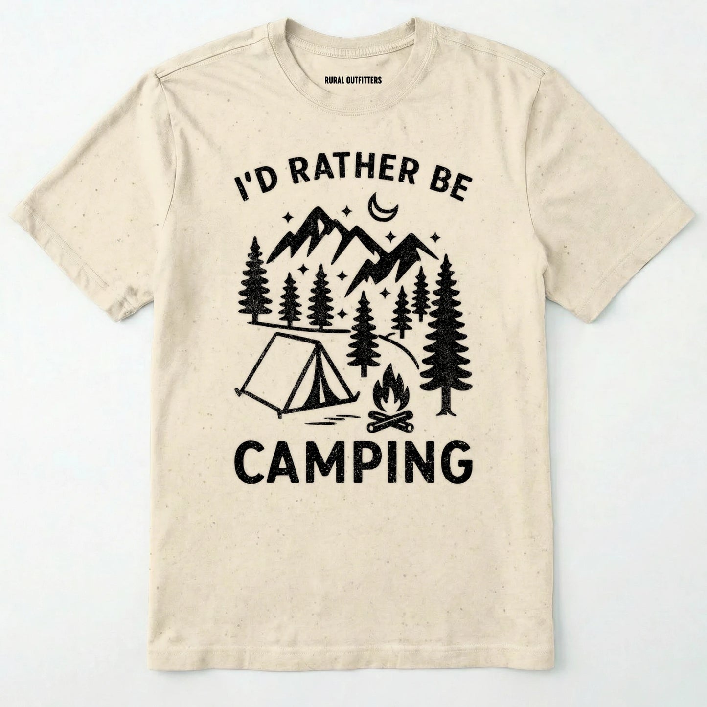 Natural t-shirt with 'i'd rather be camping' text and camping graphic on a white background