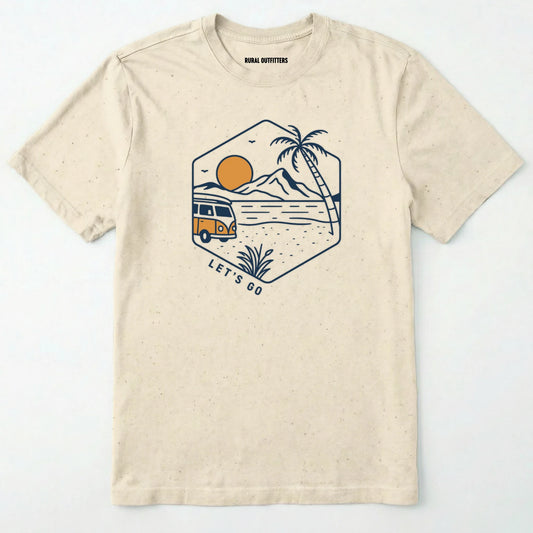 Natural let⊙s go t-shirt with retro camper van and sunset graphic, and green backpack on a white background