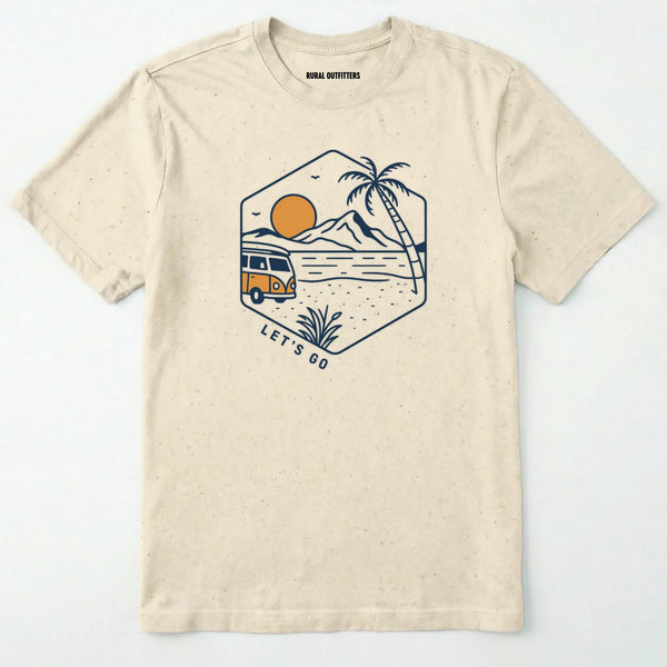 Natural let⊙s go t-shirt with retro camper van and sunset graphic, and green backpack on a white background