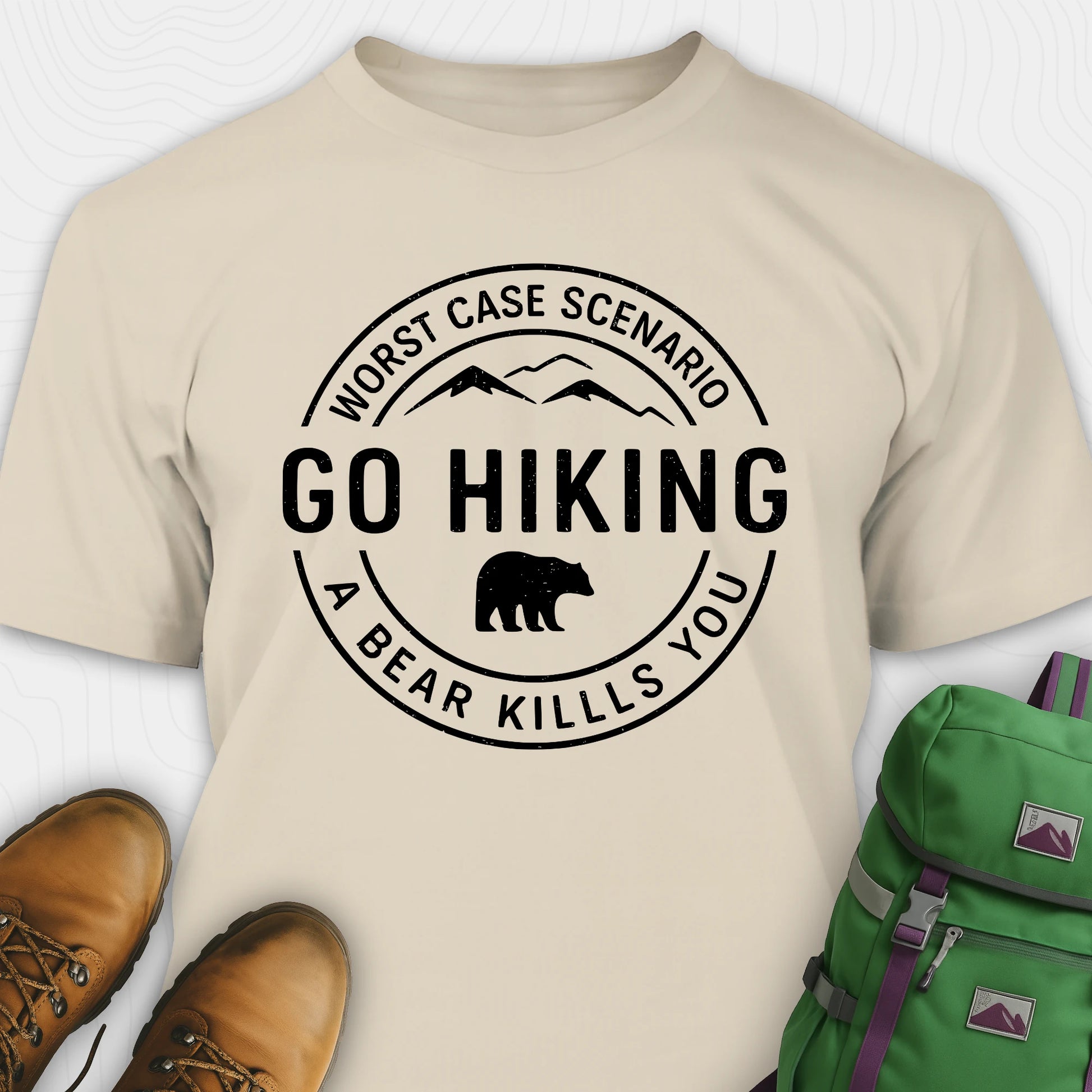 Sand funny hiking shirt with circular go hiking graphic and bear illustration