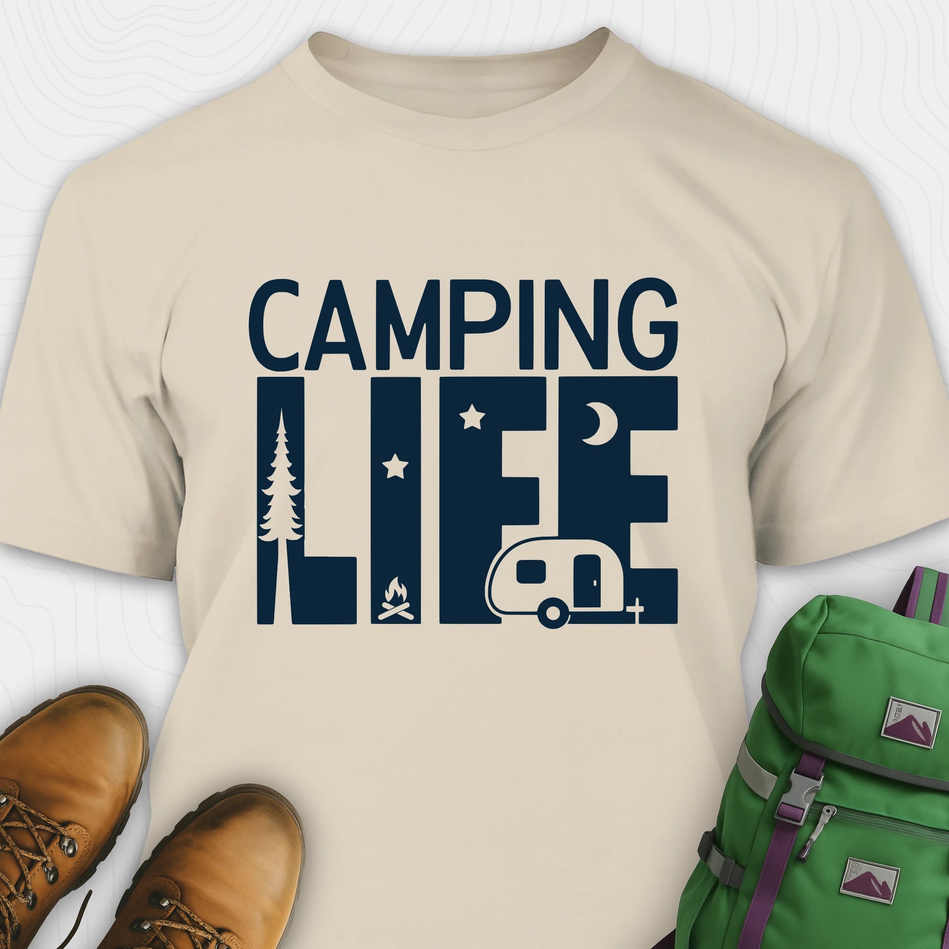 Sand camp life shirt featuring camper and pine tree design