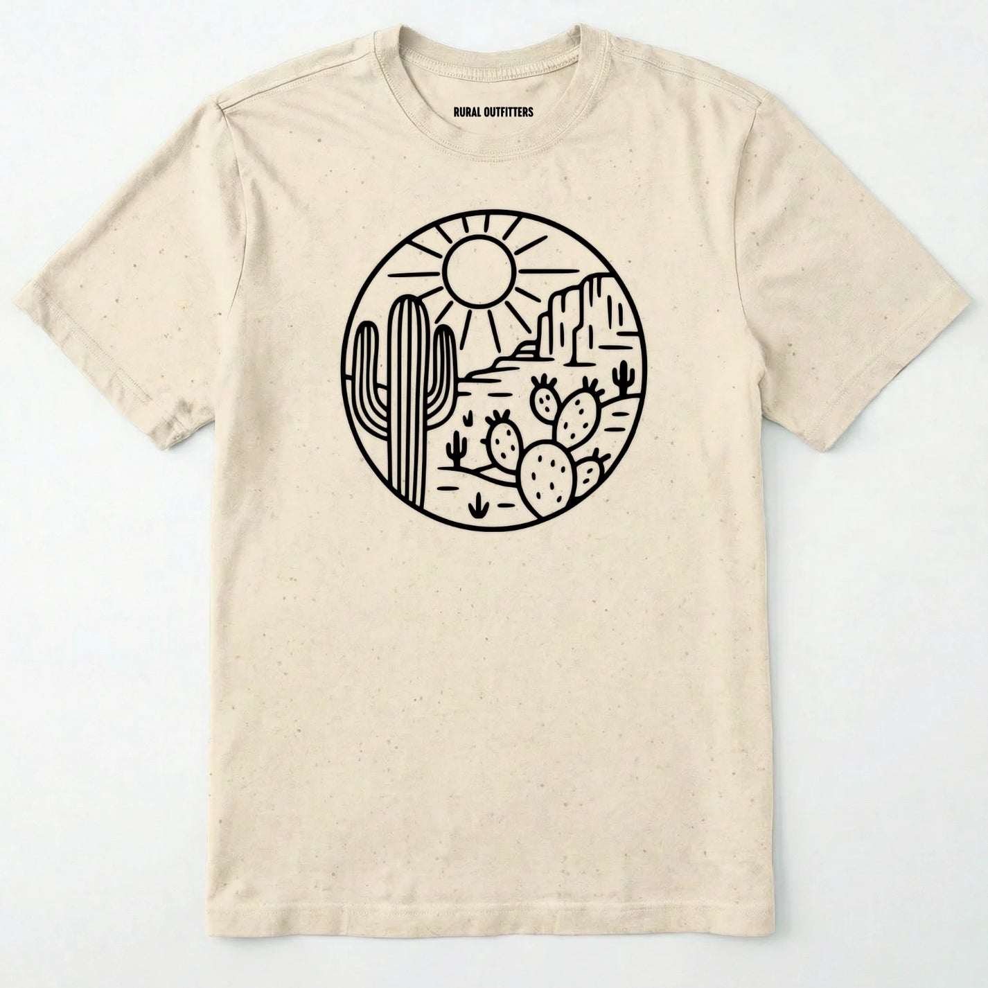 Natural cactus shirt featuring desert landscape and cactus illustration on a white background.