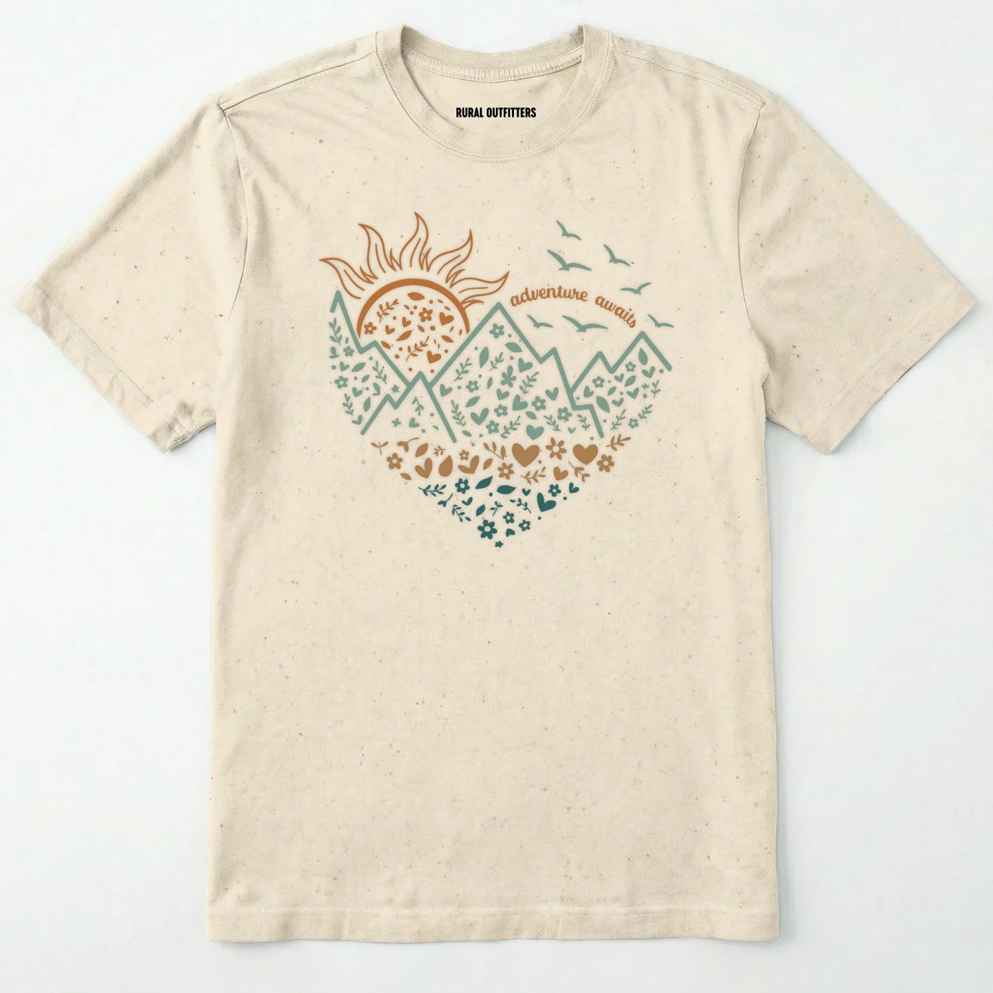 Natural adventure awaits shirt with a floral nature heart, mountain and sun illustration on a white background.