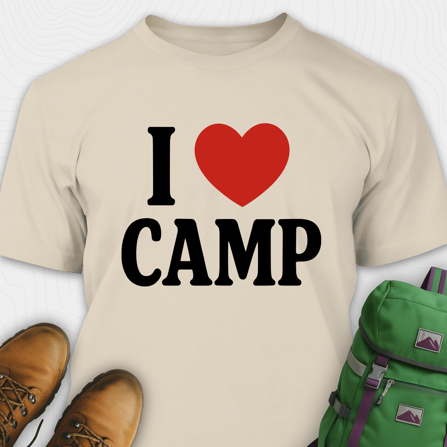 Sand I love camp t-shirt with bold text and heart design