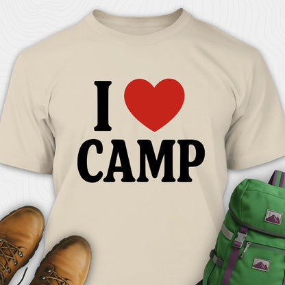 Sand I love camp t-shirt with bold text and heart design