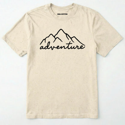 Natural adventure shirt with mountain design and 'adventure' text on a white background.