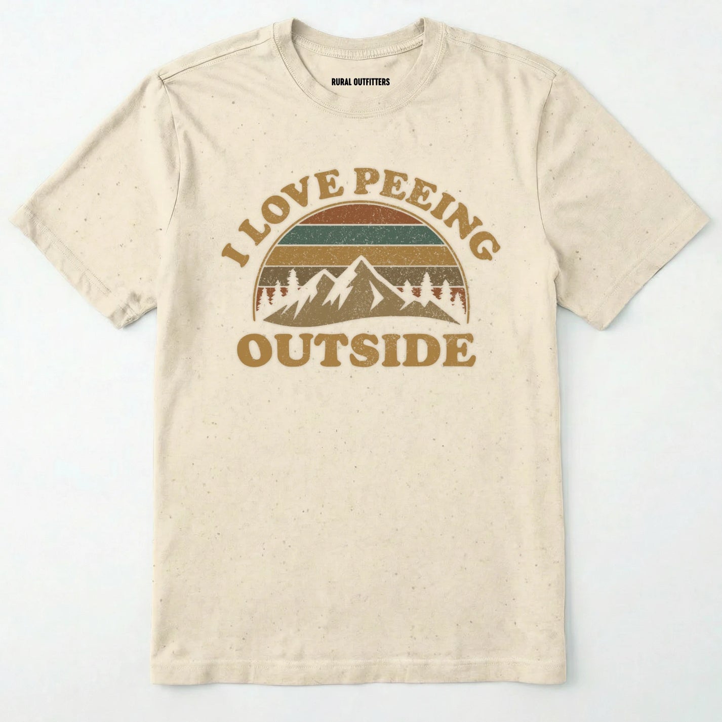 Natural i love peeing outside shirt with a retro mountain graphic on a white background.