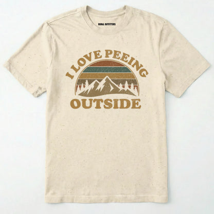 Natural i love peeing outside shirt with a retro mountain graphic on a white background.