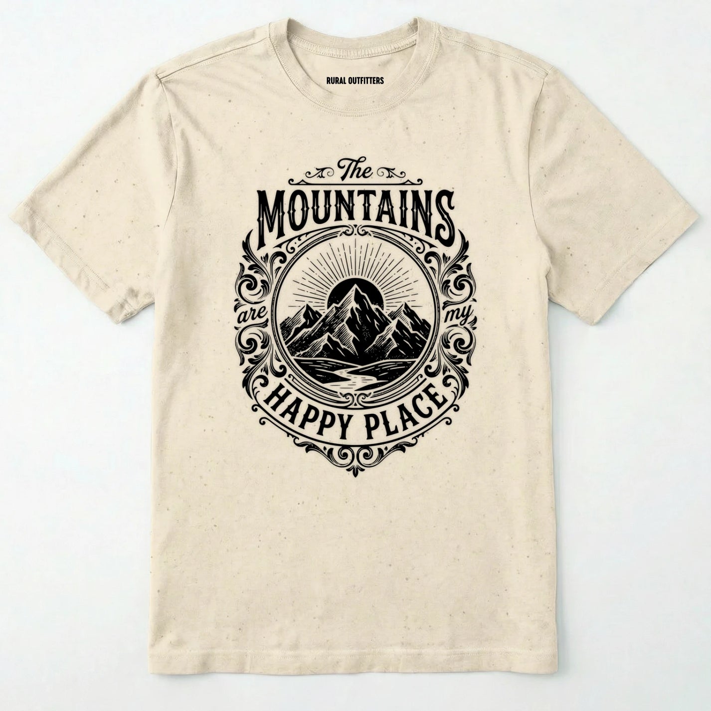 Natural t-shirt with black mountain graphic and text on a white background