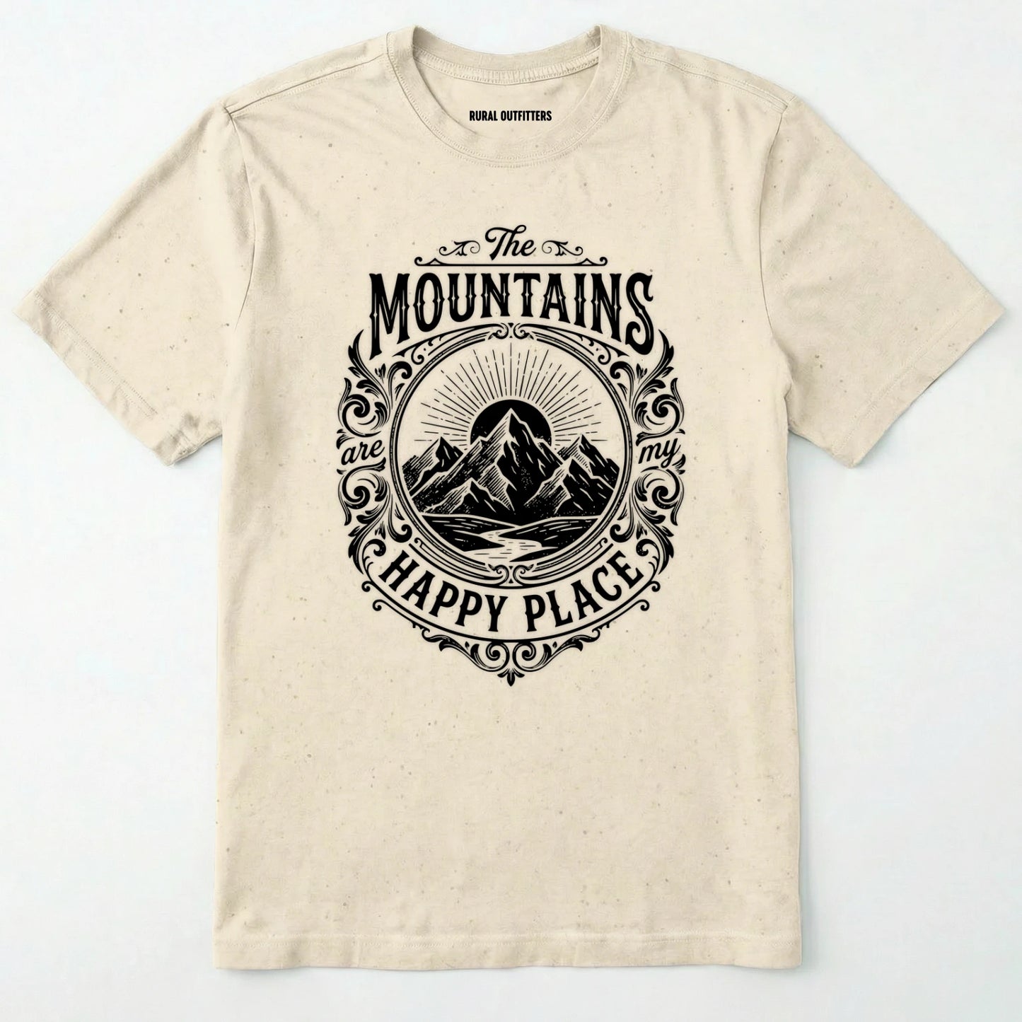 Natural t-shirt with black mountain graphic and text on a white background