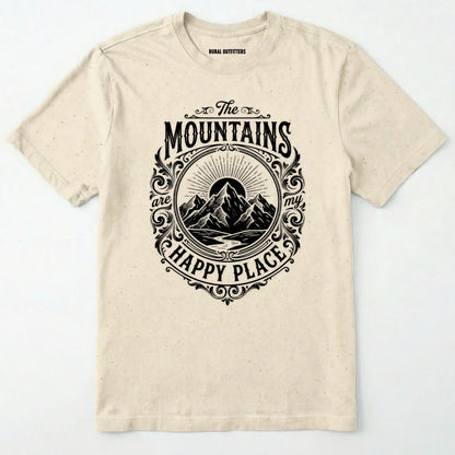 Natural t-shirt with black mountain graphic and text on a white background