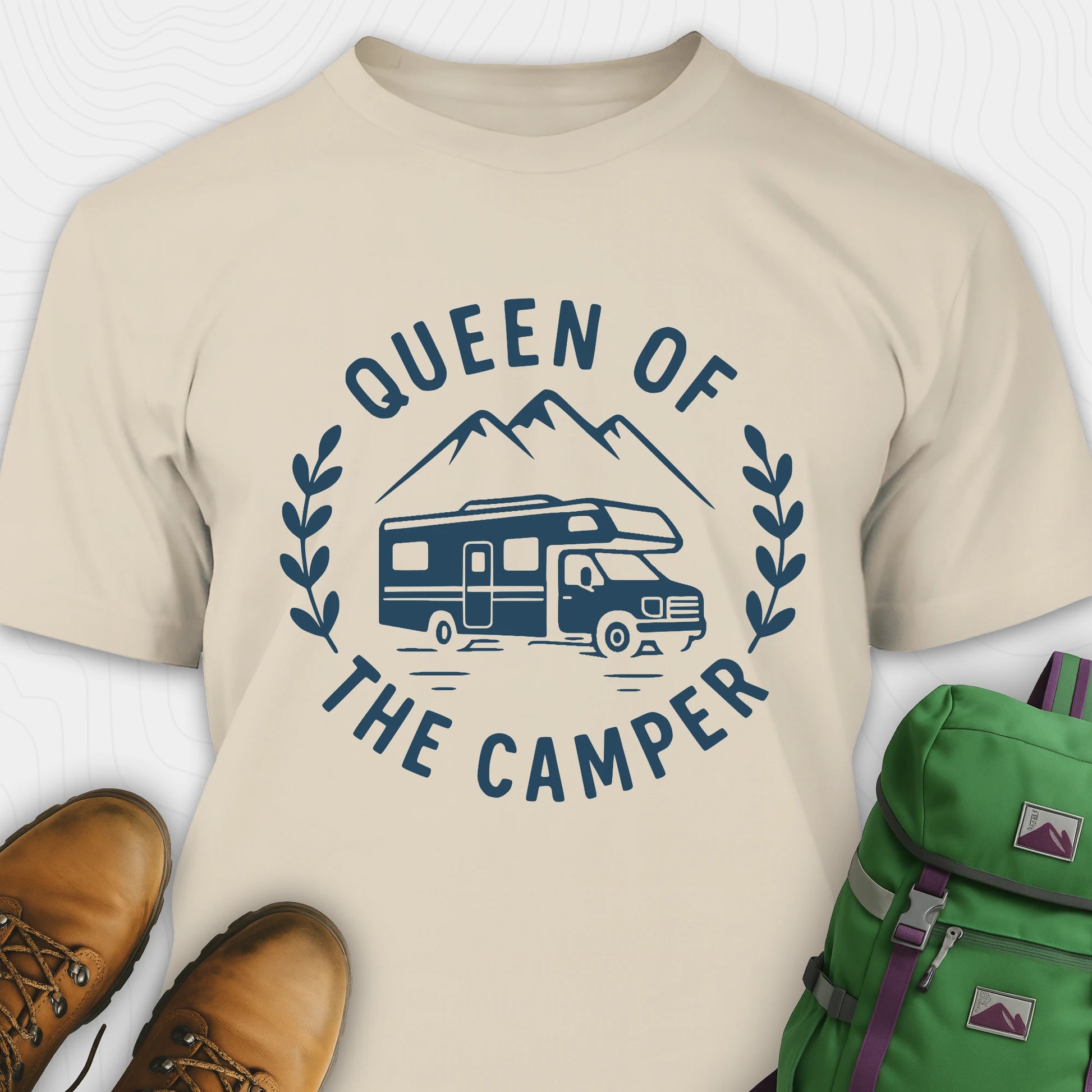Sand queen of the camper shirt with rv graphic and mountain design