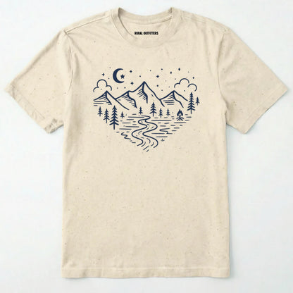 Natural love nature t-shirt with mountain and forest heart graphic on a white background.