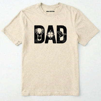 Natural t-shirt with 'dad' and deer design on a white background