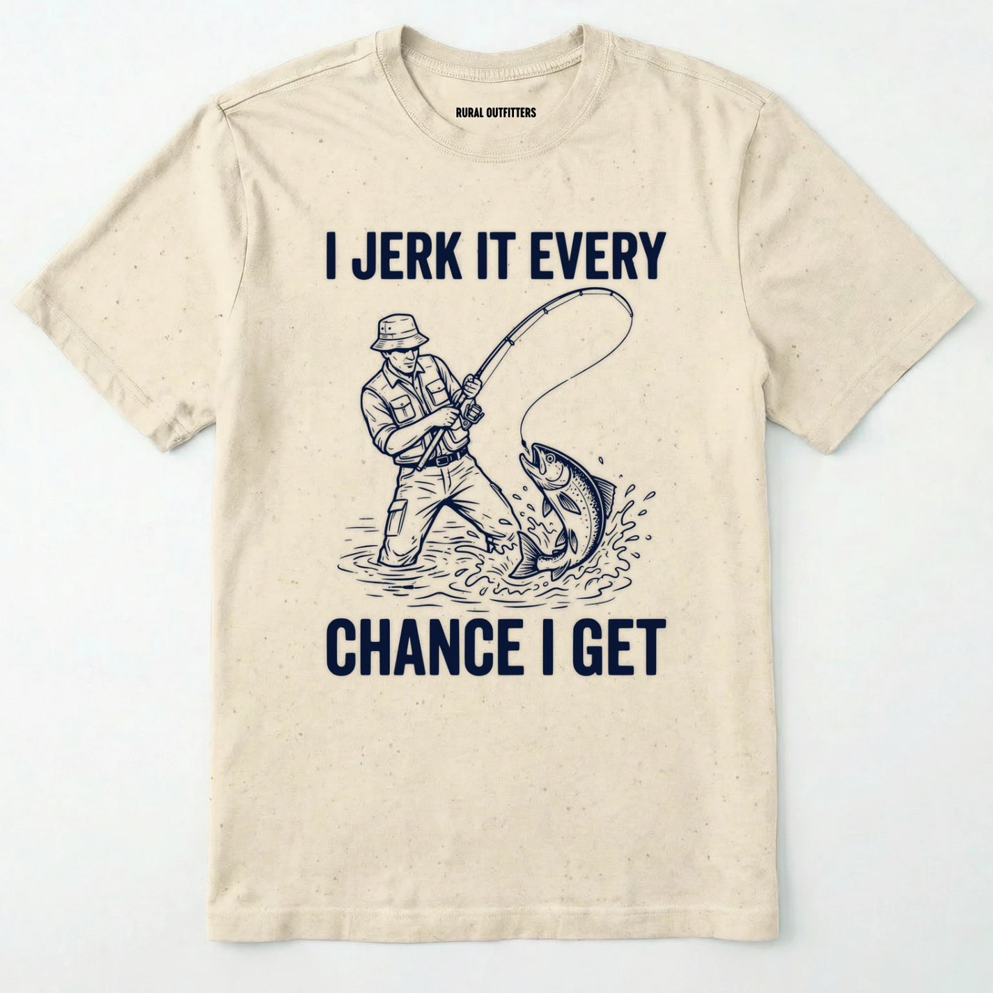 Natural t-shirt with fishing graphic and text on a white background