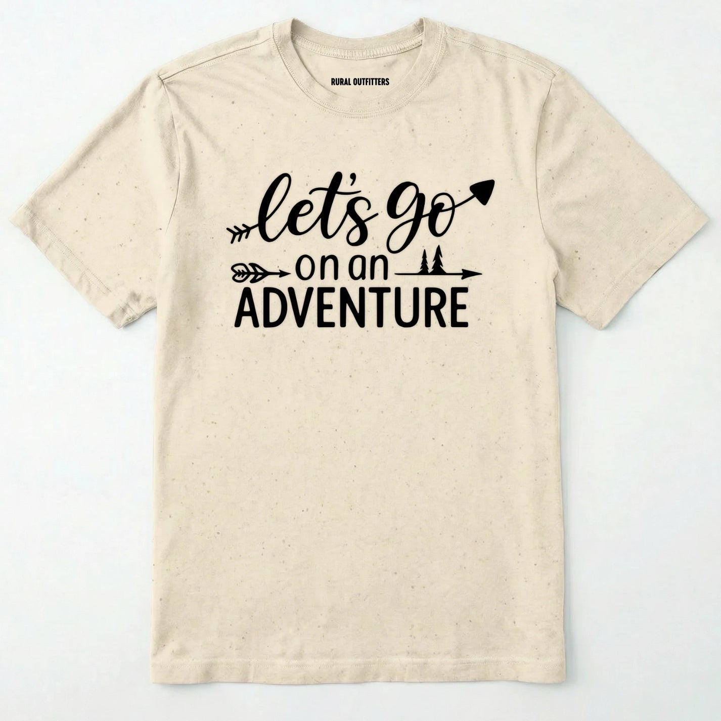 Natural lets go on an adventure shirt with an arrow and trees graphic on a light grey background.