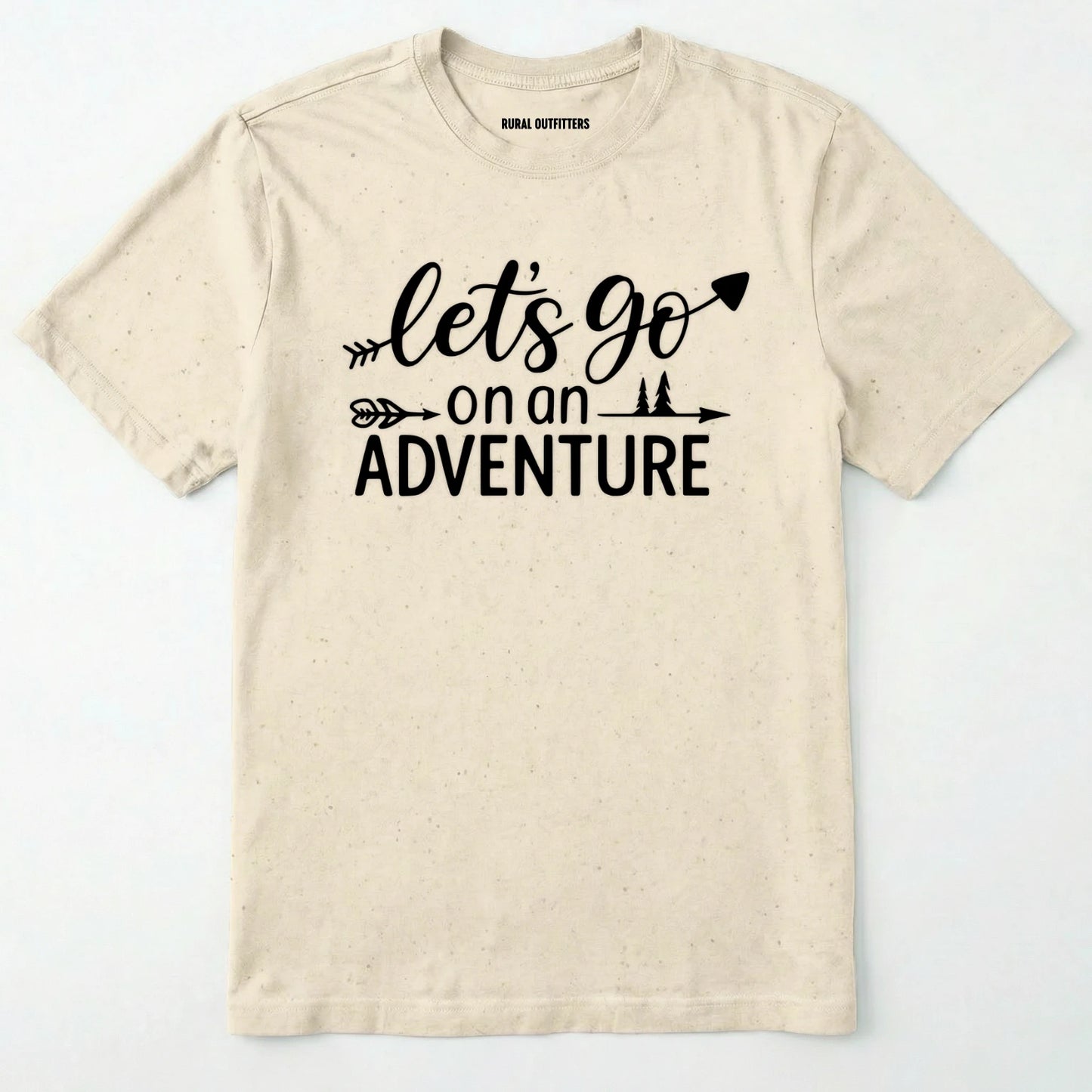 Natural lets go on an adventure shirt with an arrow and trees graphic on a light grey background.