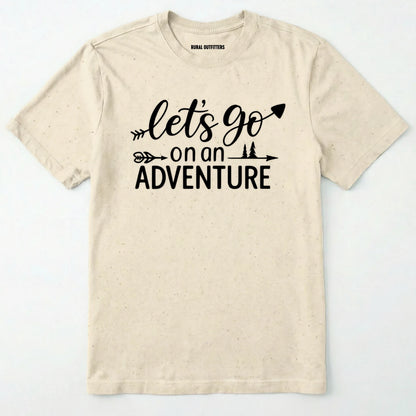 Natural lets go on an adventure shirt with an arrow and trees graphic on a light grey background.
